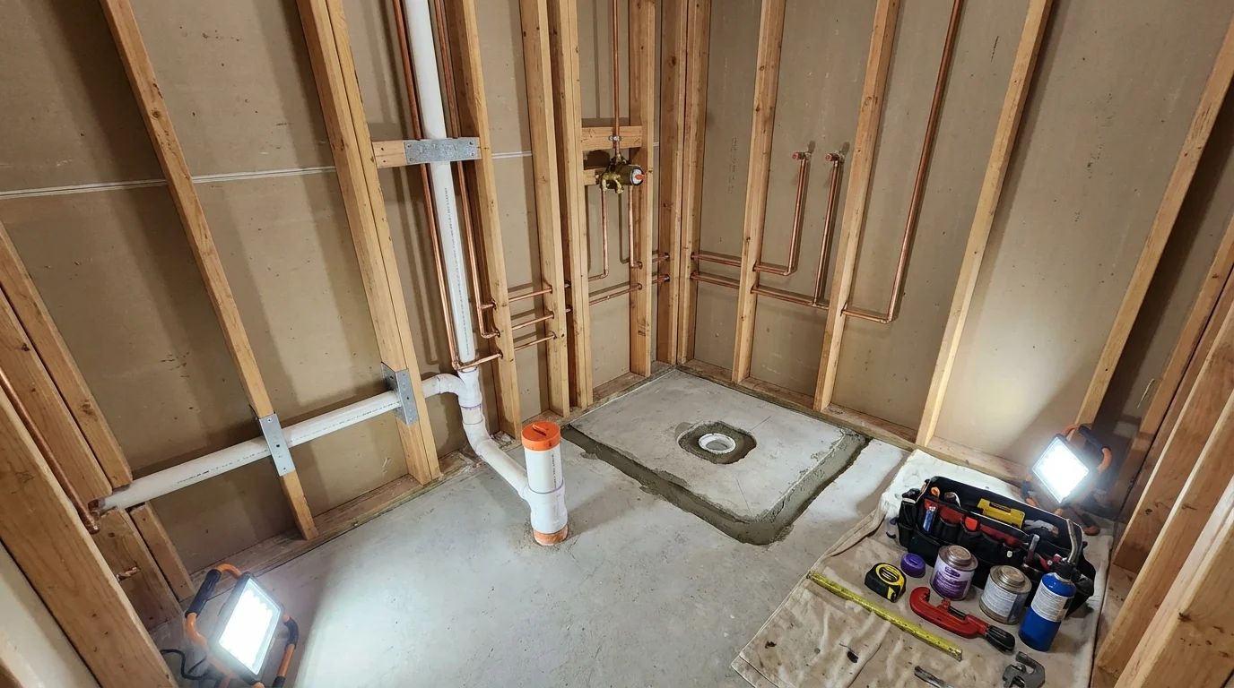Bathroom rough-in plumbing during remodel by Johns Plumbing LLC in Okarche