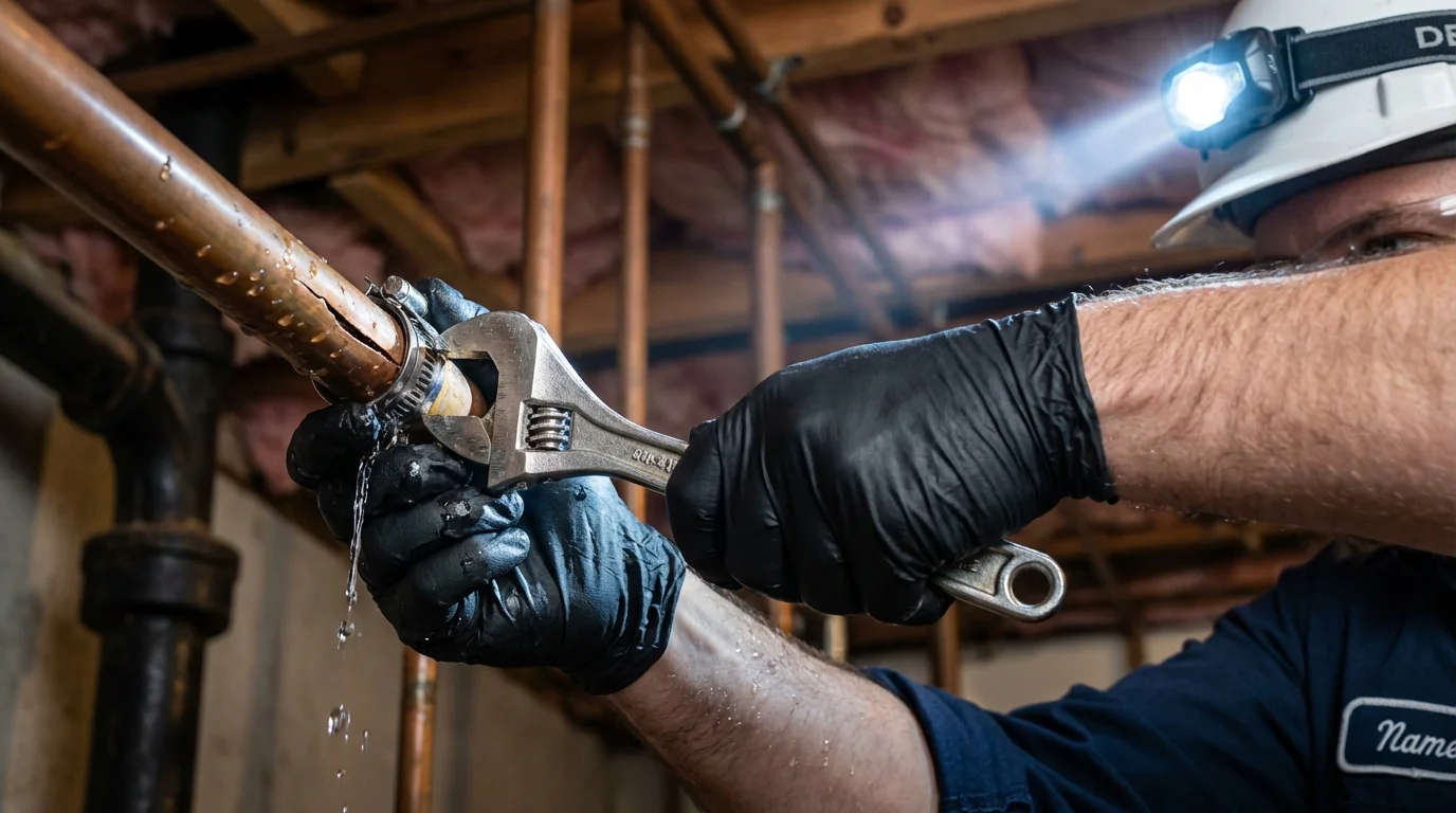 Emergency pipe clamp repair being performed by a Johns Plumbing LLC plumber in Okarche