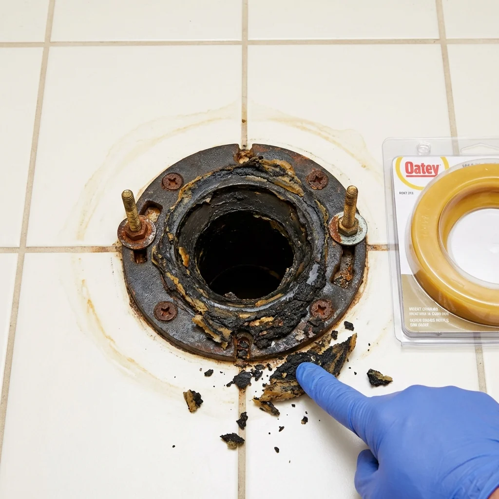 Failed wax ring showing water seepage at the base of a toilet in a Okarche, OK home