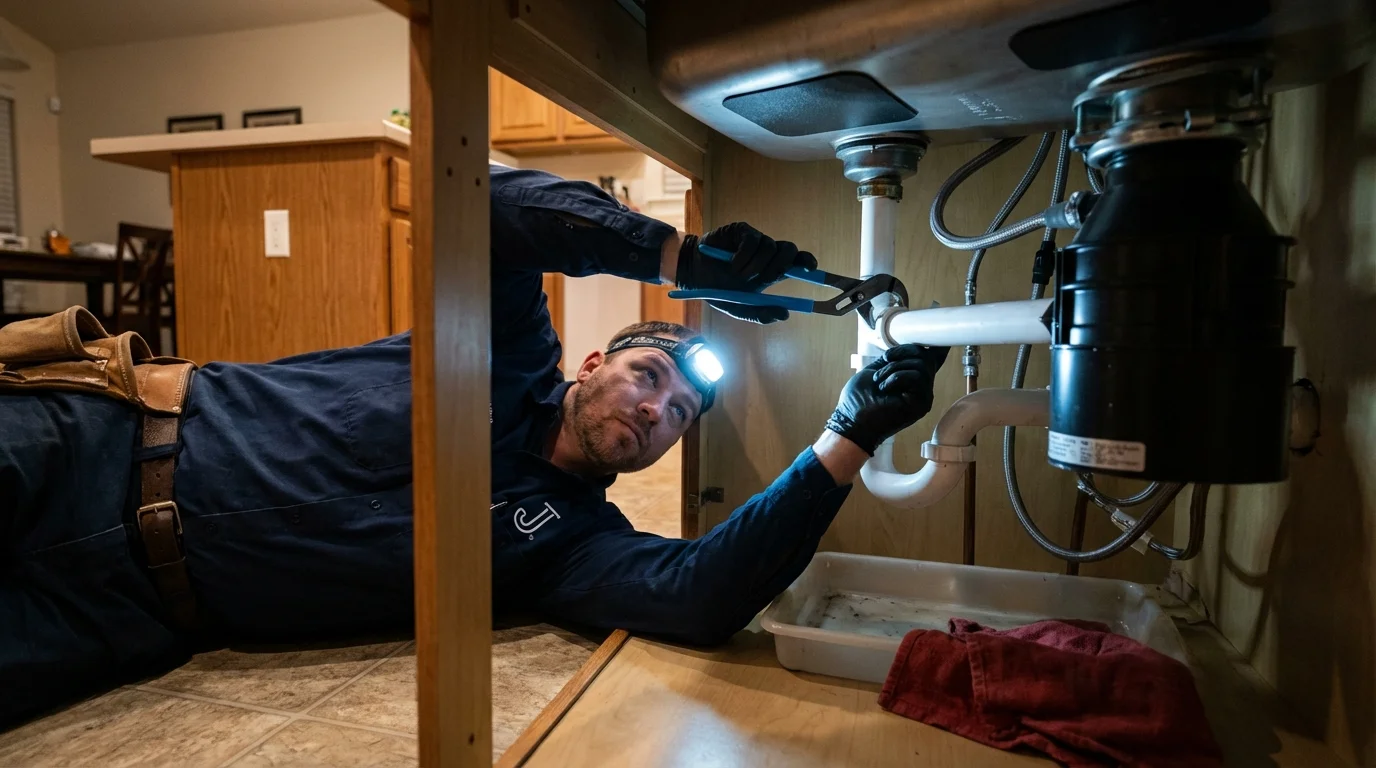 P-trap and supply line connections under a kitchen sink showing a common leak point in Okarche, OK